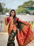 Freen colored Soft Banarasi Silk Saree with detailed Zari weaving and Meenakari design