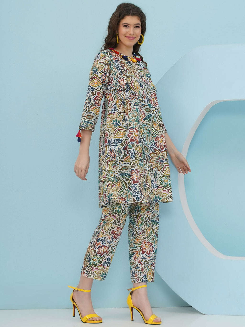Floral Print Co Ord Set in Multi Color with Embellishment