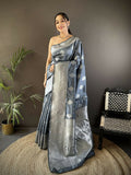 Grey soft silk Banarasi saree with detailed floral motifs