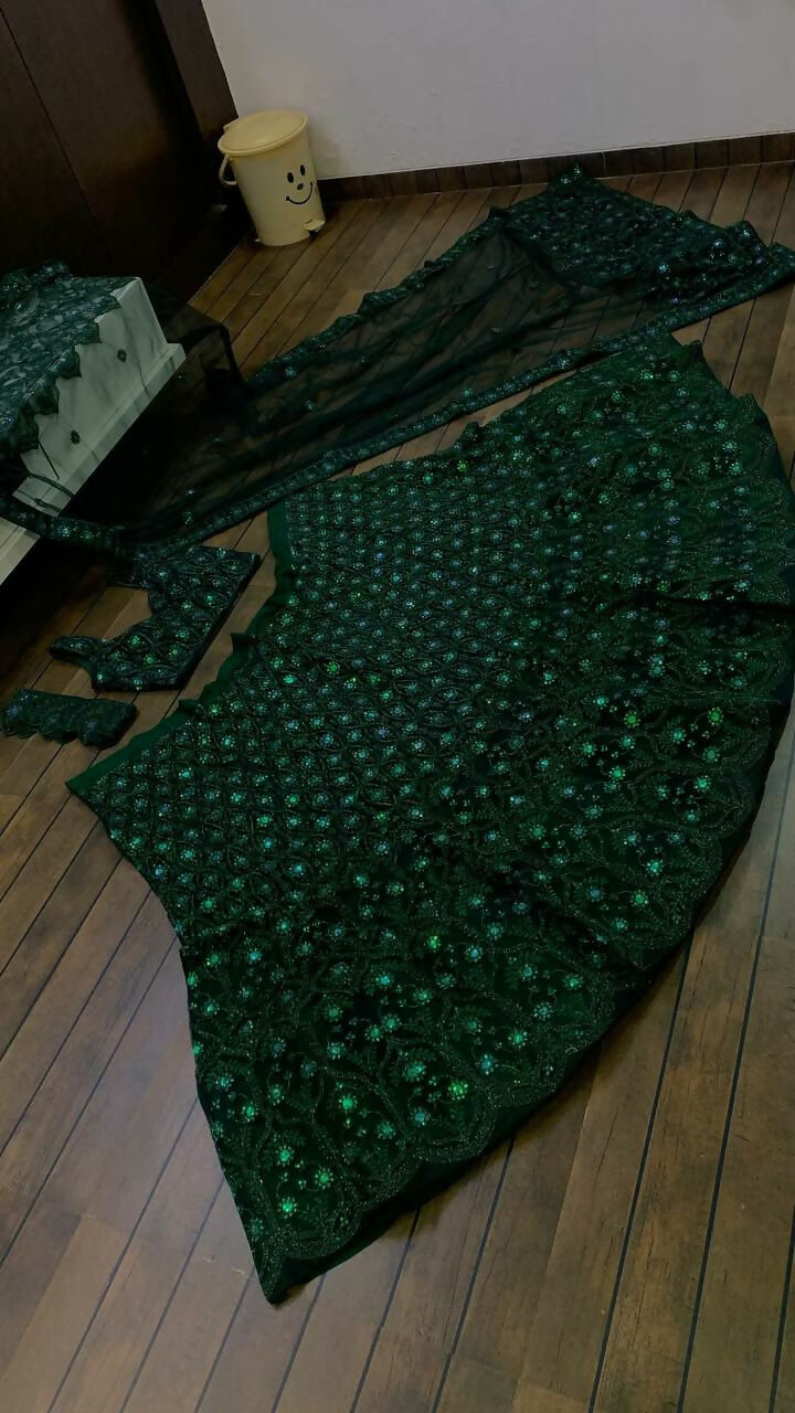 Dark Green Net Sequins Dori & Thread Embroidered Lehenga