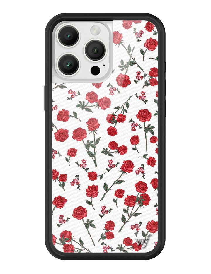 A white phone case featuring a pattern of red roses with green stems and leaves, with a black protective border.