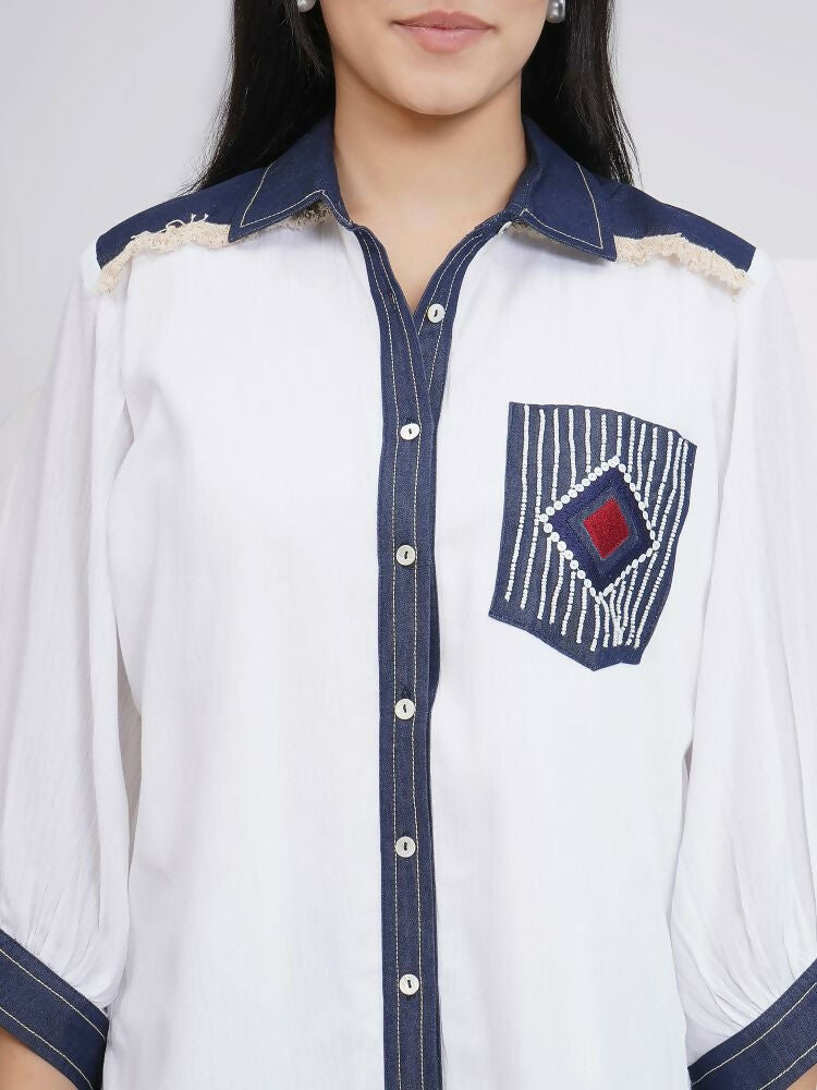 White Rayon Crepe Hand-Embellished Shirt and Embellished Pants Set