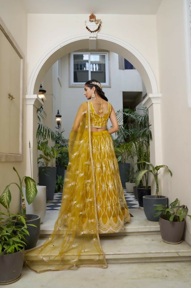 Mustard Yellow Butterfly Net Lehenga with Cotton Thread Embroidery