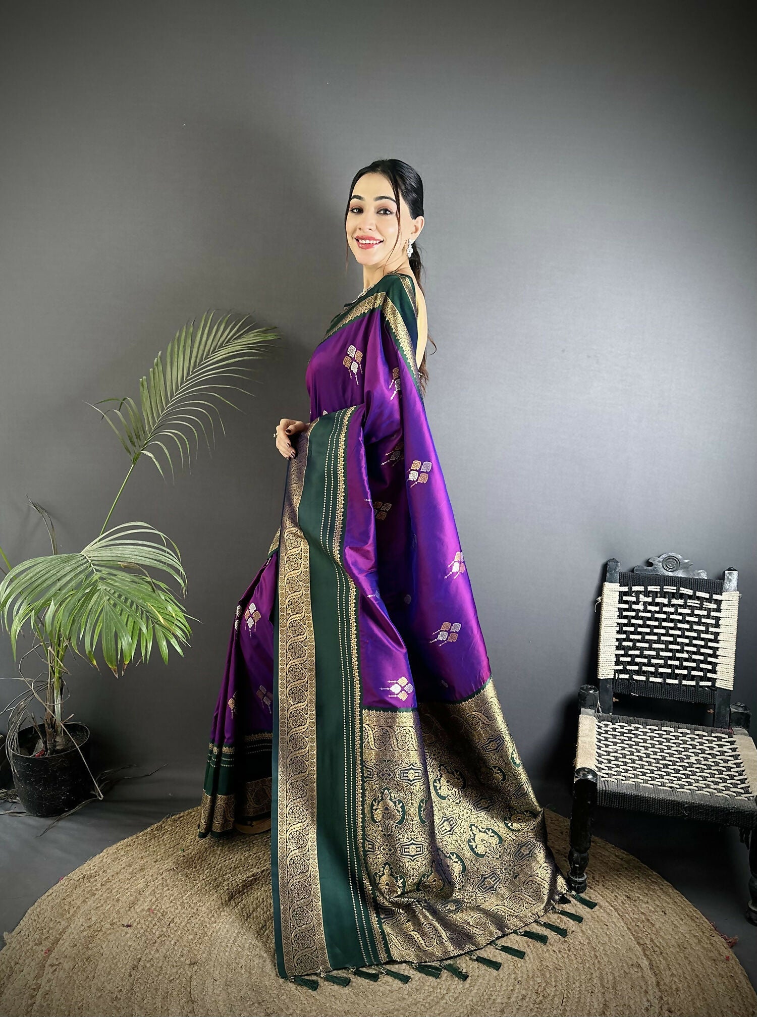 Purple Banarasi Soft Silk Woven Saree with Matching Blouse
