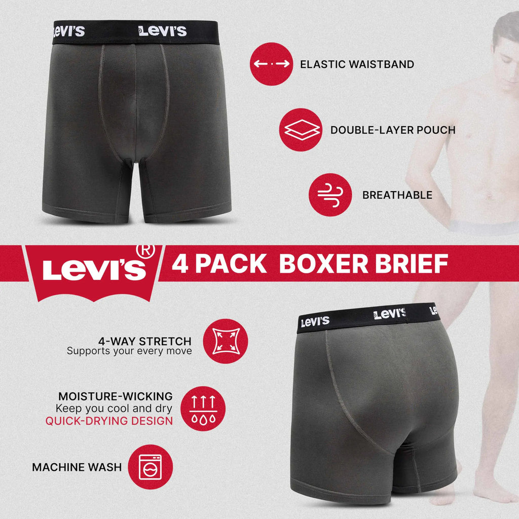 Levi's Mens Underwear Microfiber Boxer Brief for Men Ultra Soft 4 Pack Small Black, Orange, Charcoal. Orange Print
