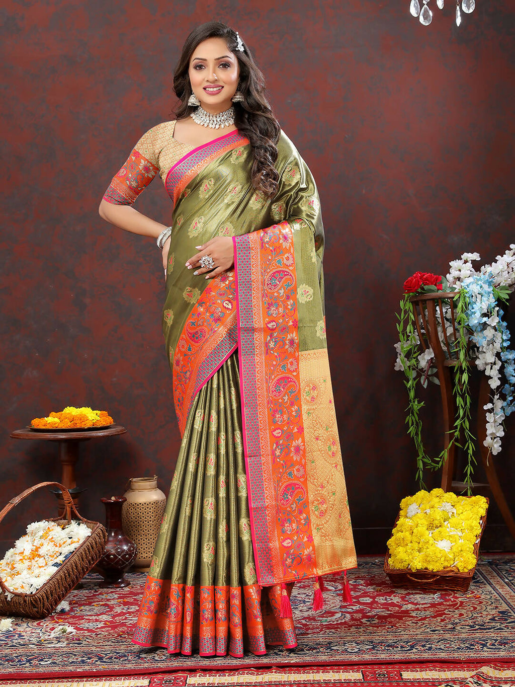 Mehndi Kanjivaram Silk Saree with Zari Weaving Design