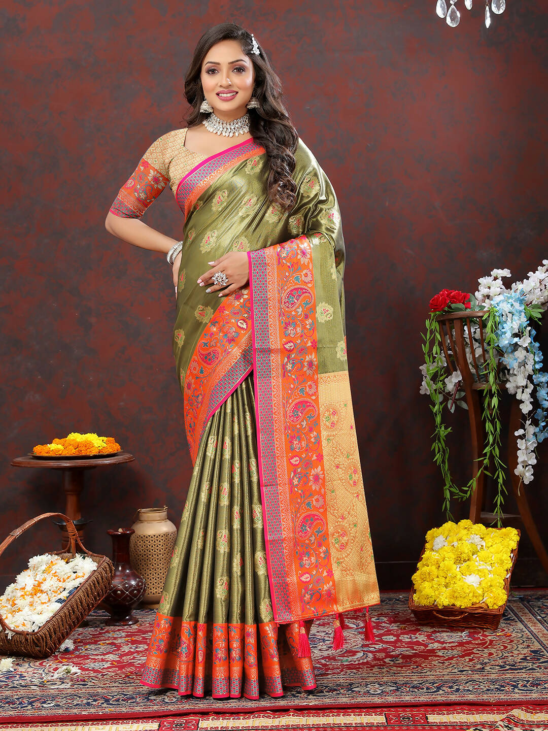 Mehndi Kanjivaram Silk Saree with Zari Weaving Design