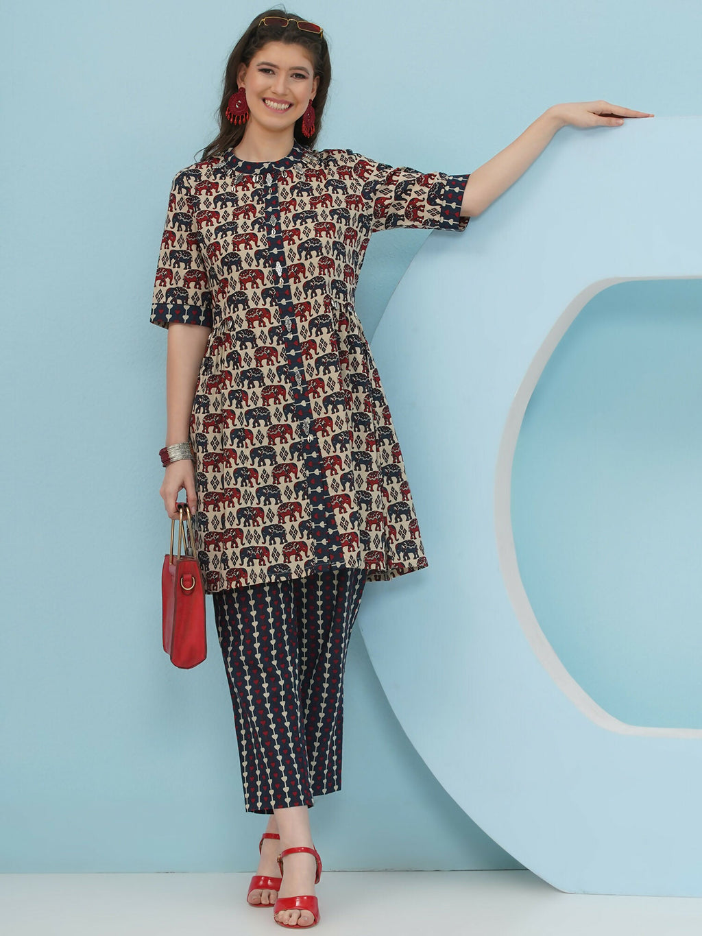 Beige Elephant Printed Cotton Co-Ord Set for Women