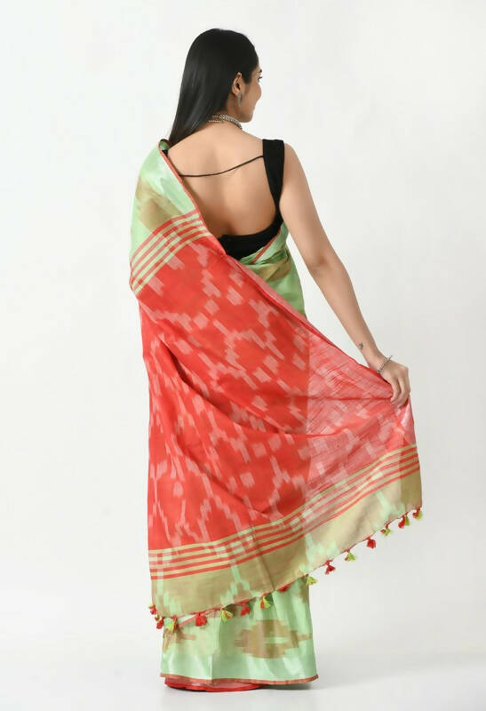 Light Green and Red Bhagalpuri Ikat Pure Cotton Saree