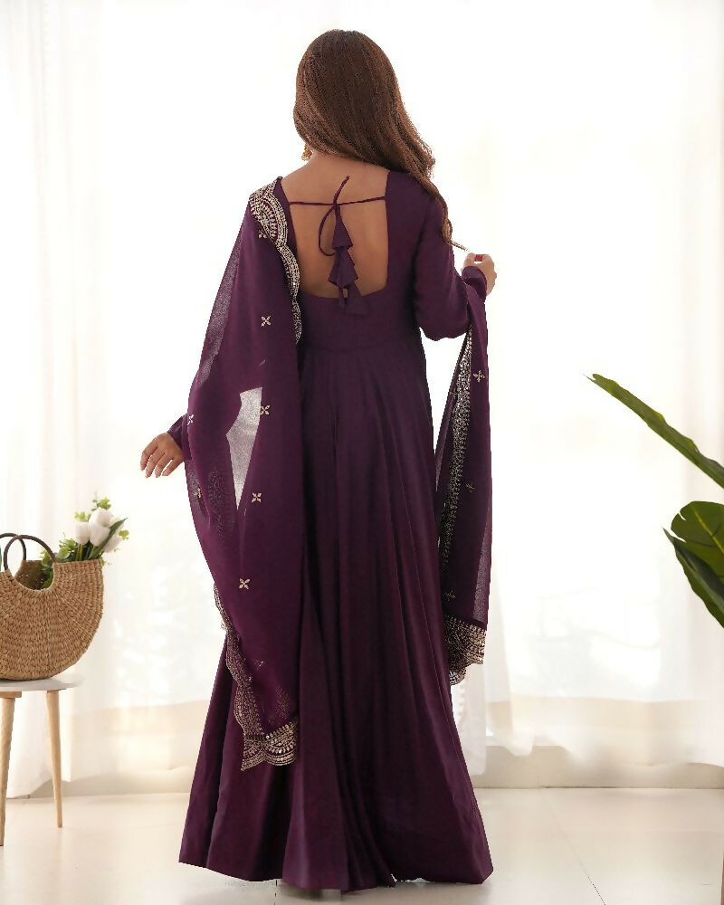 Wine Chanderi Kurta Set with Sequence Embroidery Work - 3 Piece