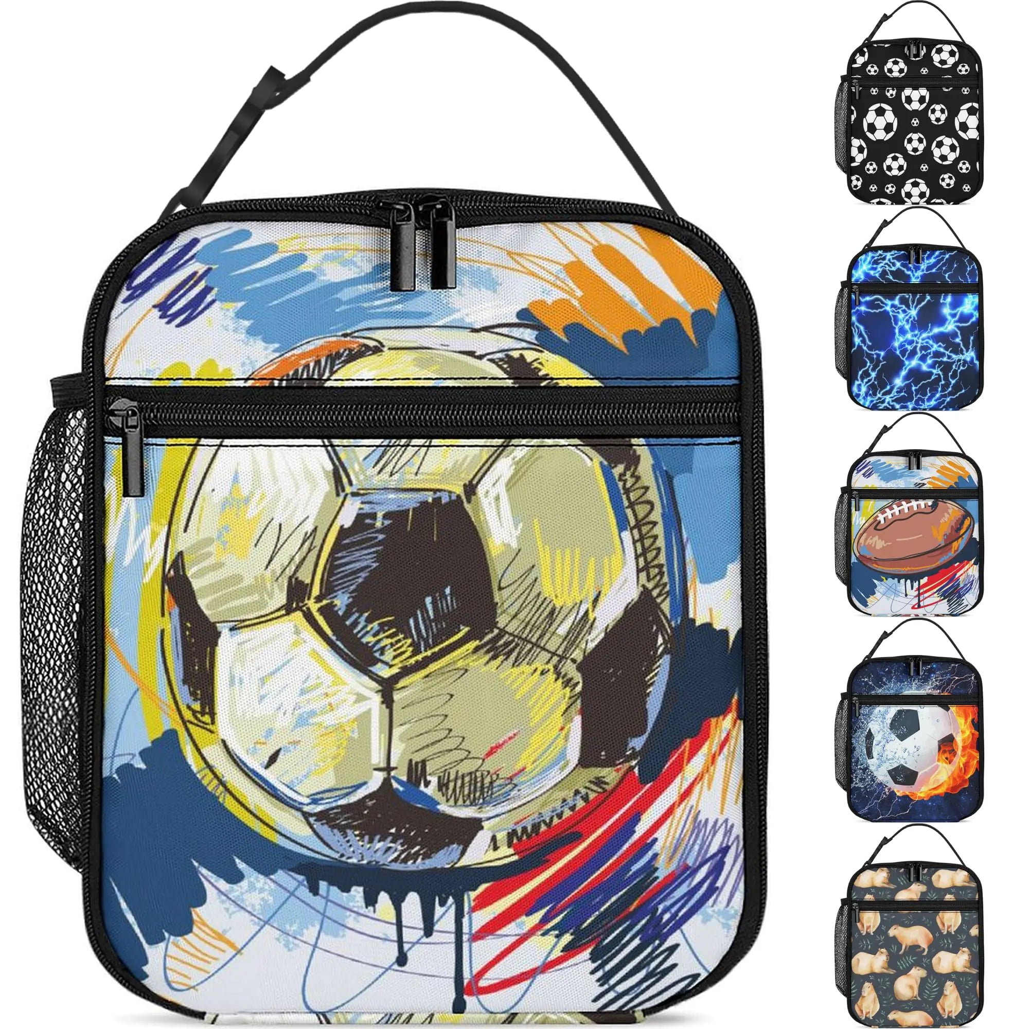 Watercolor Soccer Lunch Box Boys Girls Insulated Lunch Bag Reusable Lunchbox with Side Pocket Lunch Box for Girls Boys Teen Waterproof Lunch Tote Bag for Women Men Kids Work Office School Picnic