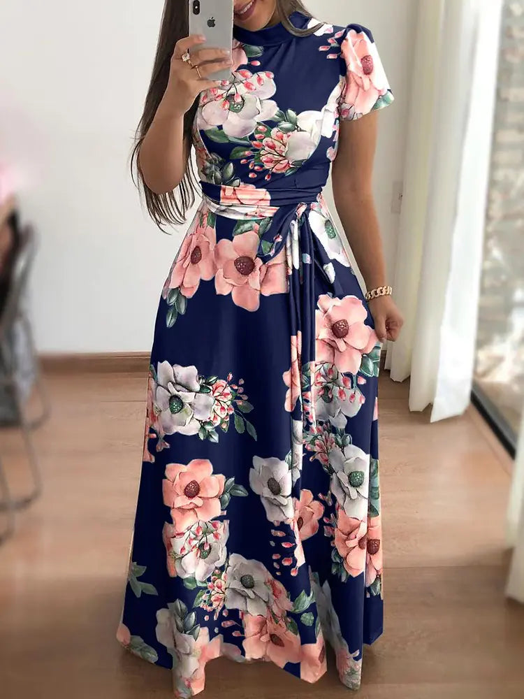 Women Floral Print Short Sleeve Maxi Dress with Tie Waist - Image 9