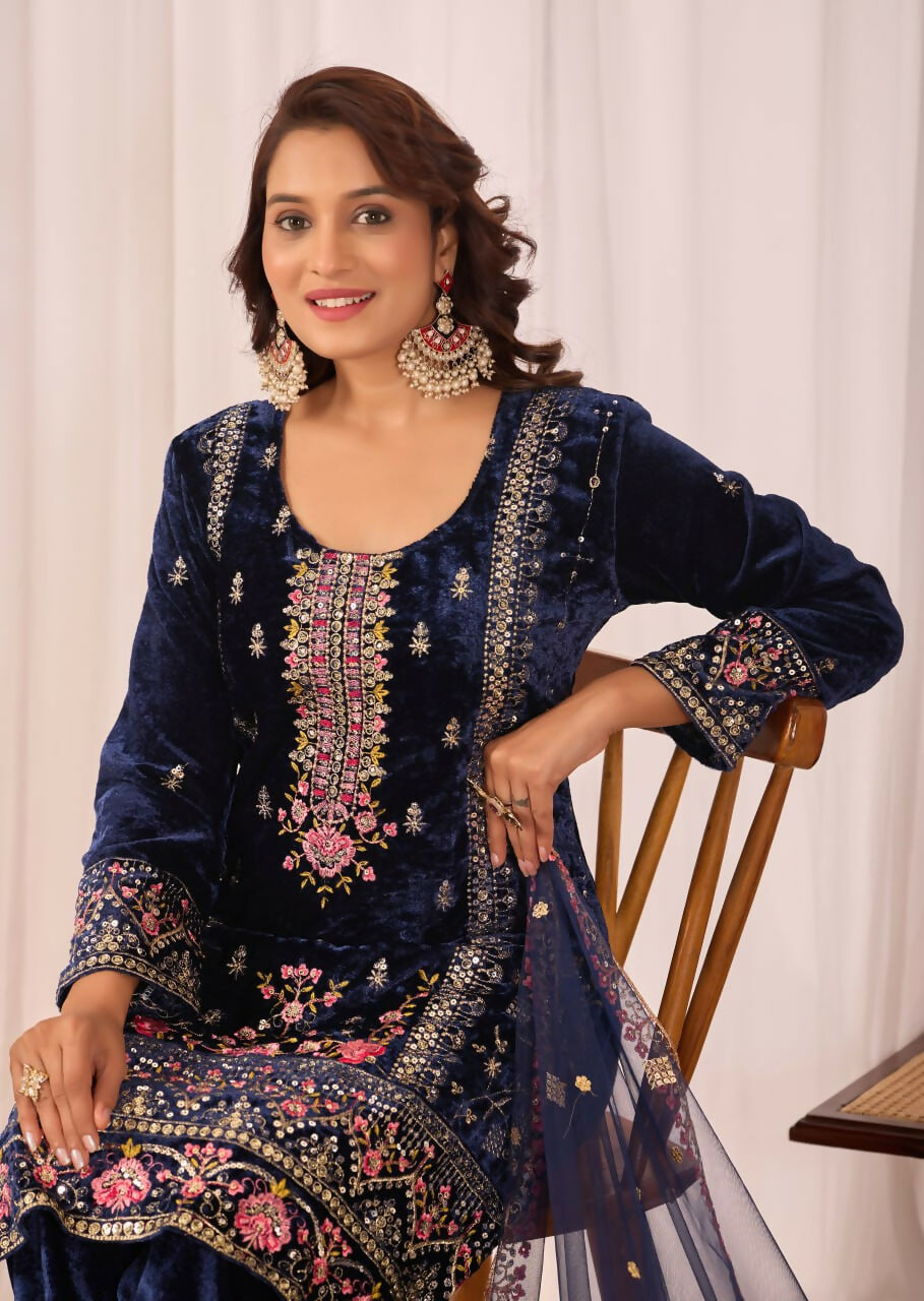 Blue Velvet Embroidered Sequence Work Readymade Kurta Set