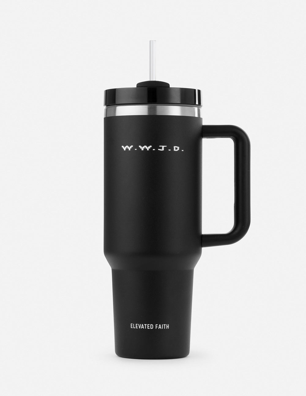 Black 40 oz WWJD stainless steel tumbler with handle and clear straw on a white background