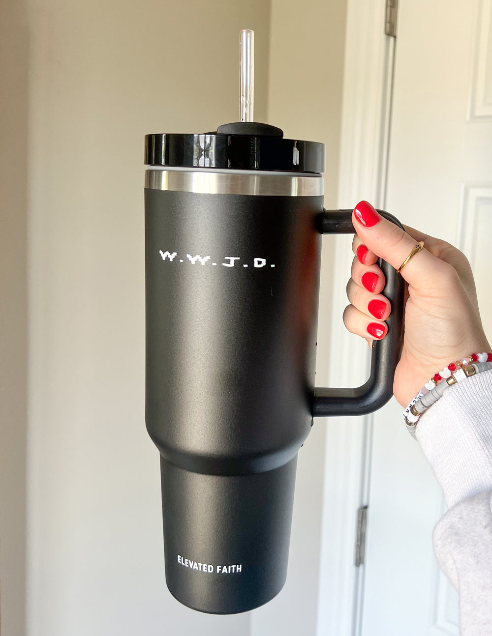 WWJD 40 oz Stainless Steel Tumbler with Handle and Straw - Image 7