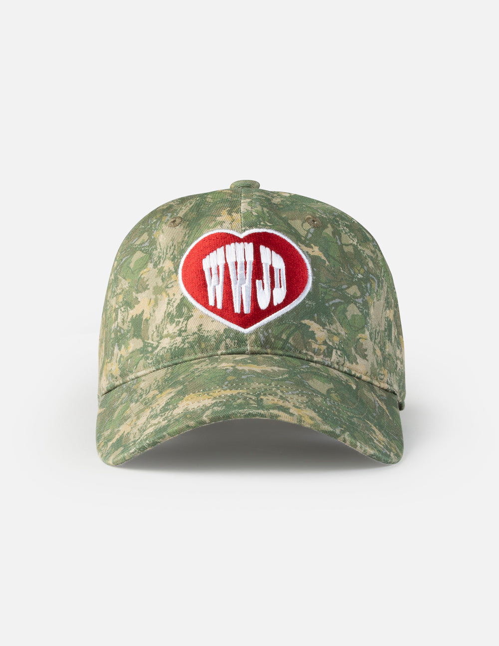 A relaxed-fit WWJD camo hat with a washed cotton texture and adjustable buckle closure.
