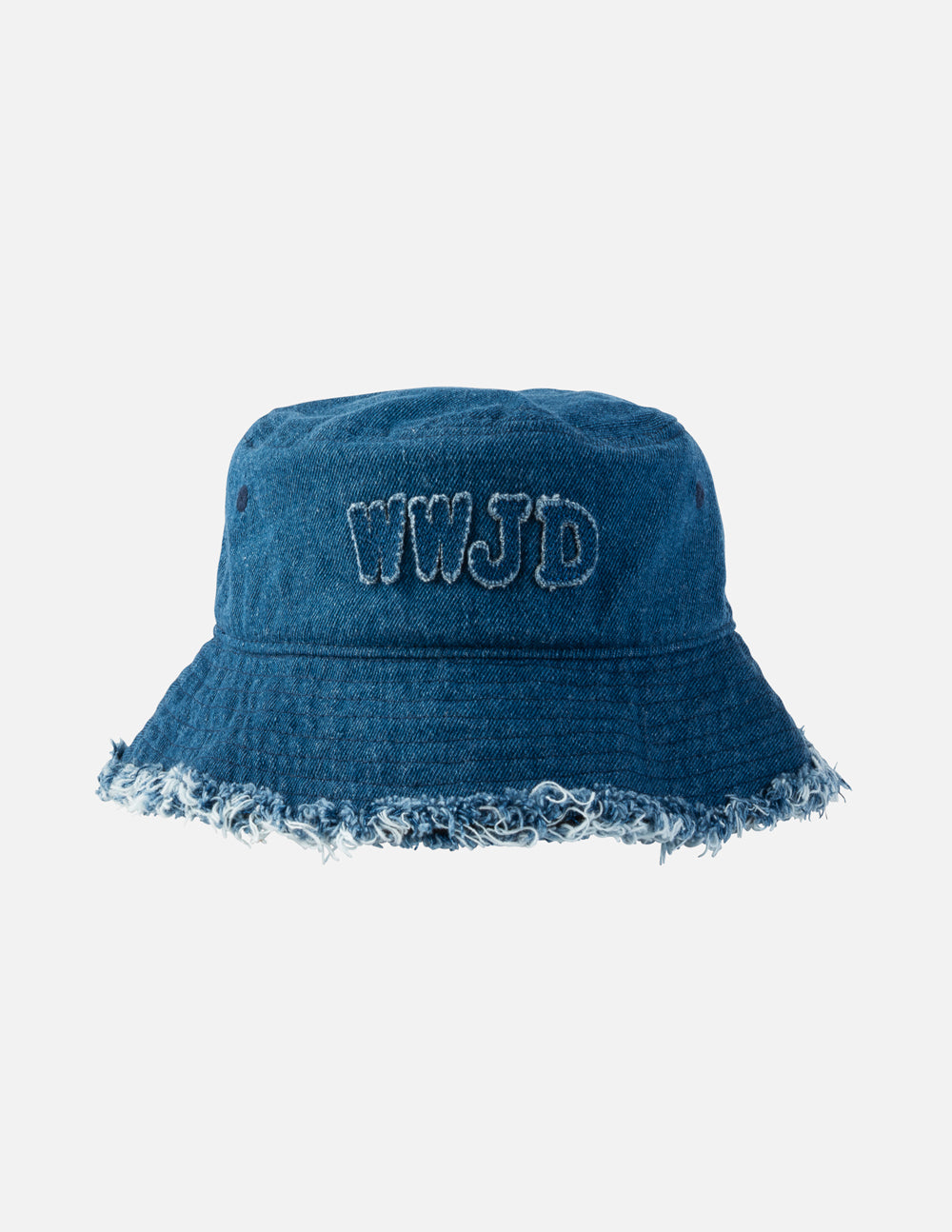 Kids wearing a medium-blue denim bucket hat with a WWJD appliqué logo in a casual, sunny outdoor setting.