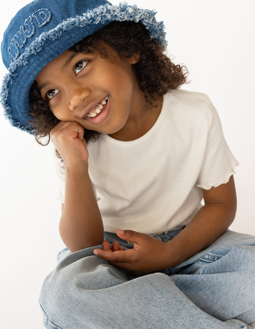 Kids Denim Bucket Hat with WWJD Appliqué - Medium Blue