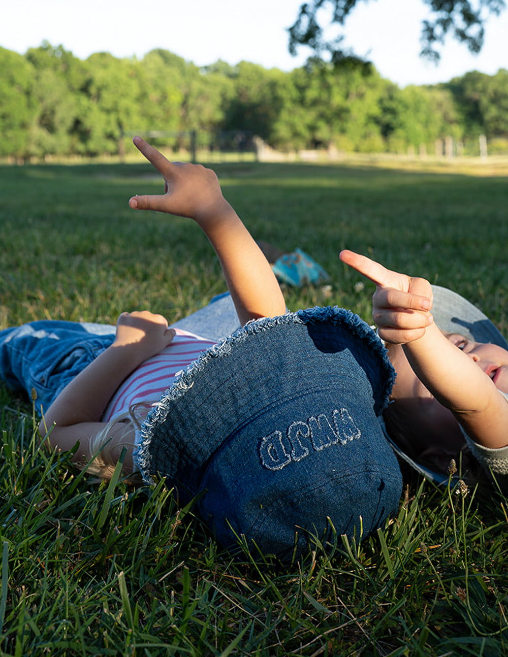 Kids Denim Bucket Hat with WWJD Appliqué - Medium Blue