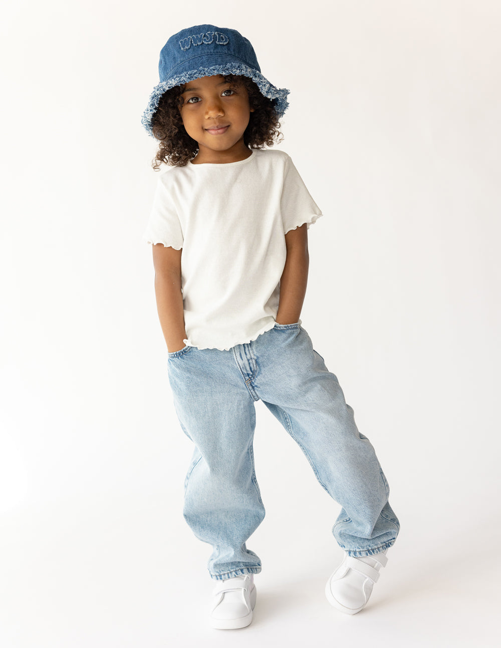Kids Denim Bucket Hat with WWJD Appliqué - Medium Blue