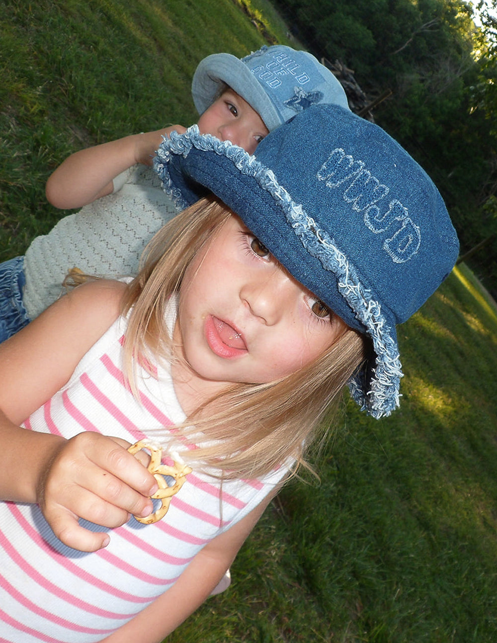 Kids Denim Bucket Hat with WWJD Appliqué - Medium Blue