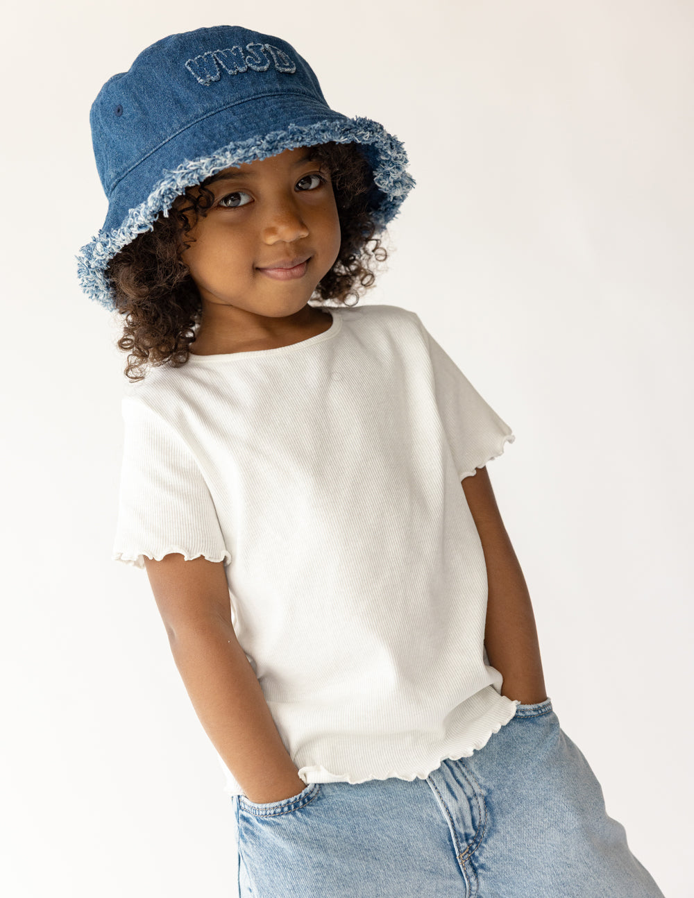 Kids Denim Bucket Hat with WWJD Appliqué - Medium Blue