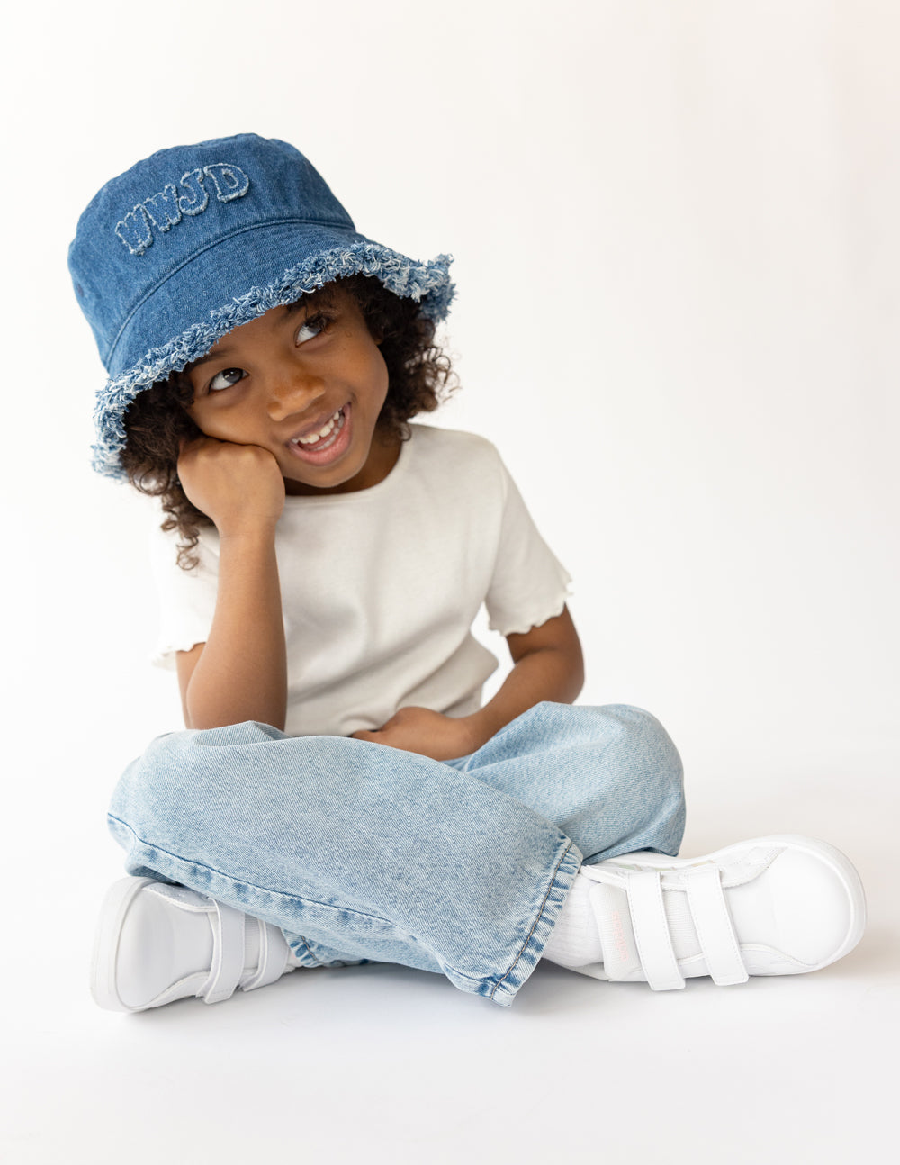 Kids Denim Bucket Hat with WWJD Appliqué - Medium Blue