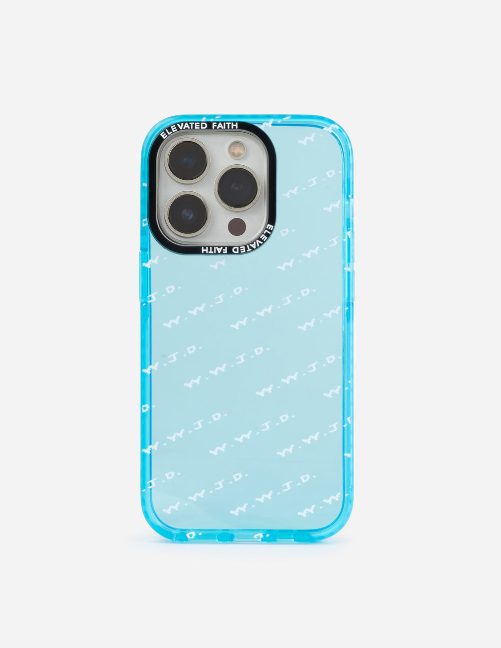 Translucent blue iPhone case with repeating white WWJD text logo