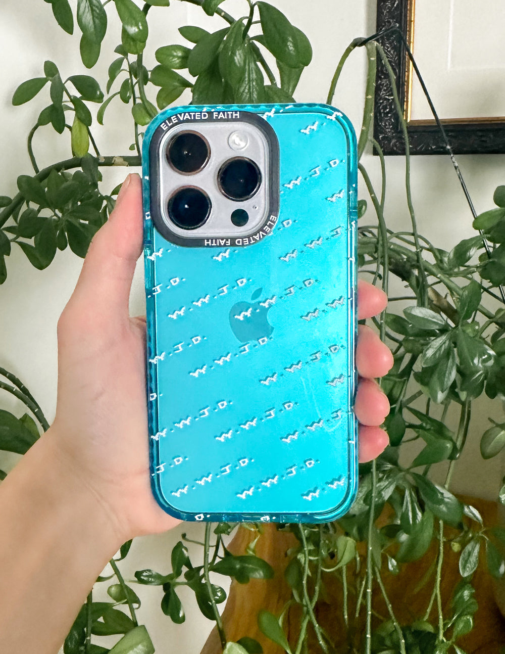 WWJD Phone Case in Translucent Blue with White Logo Print - Image 2