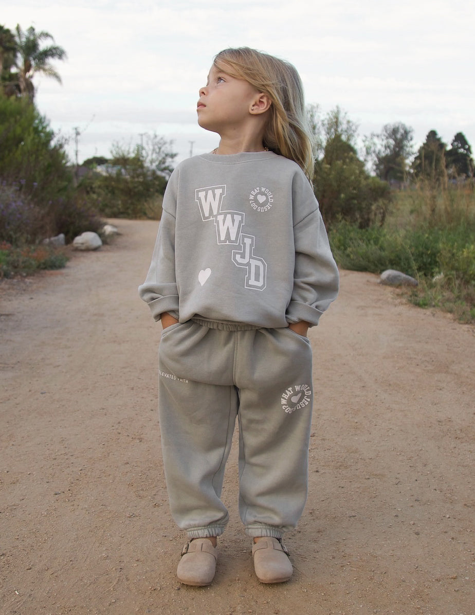 Kids Varsity Sweatpants in Grey and White Relaxed Fit Streetwear