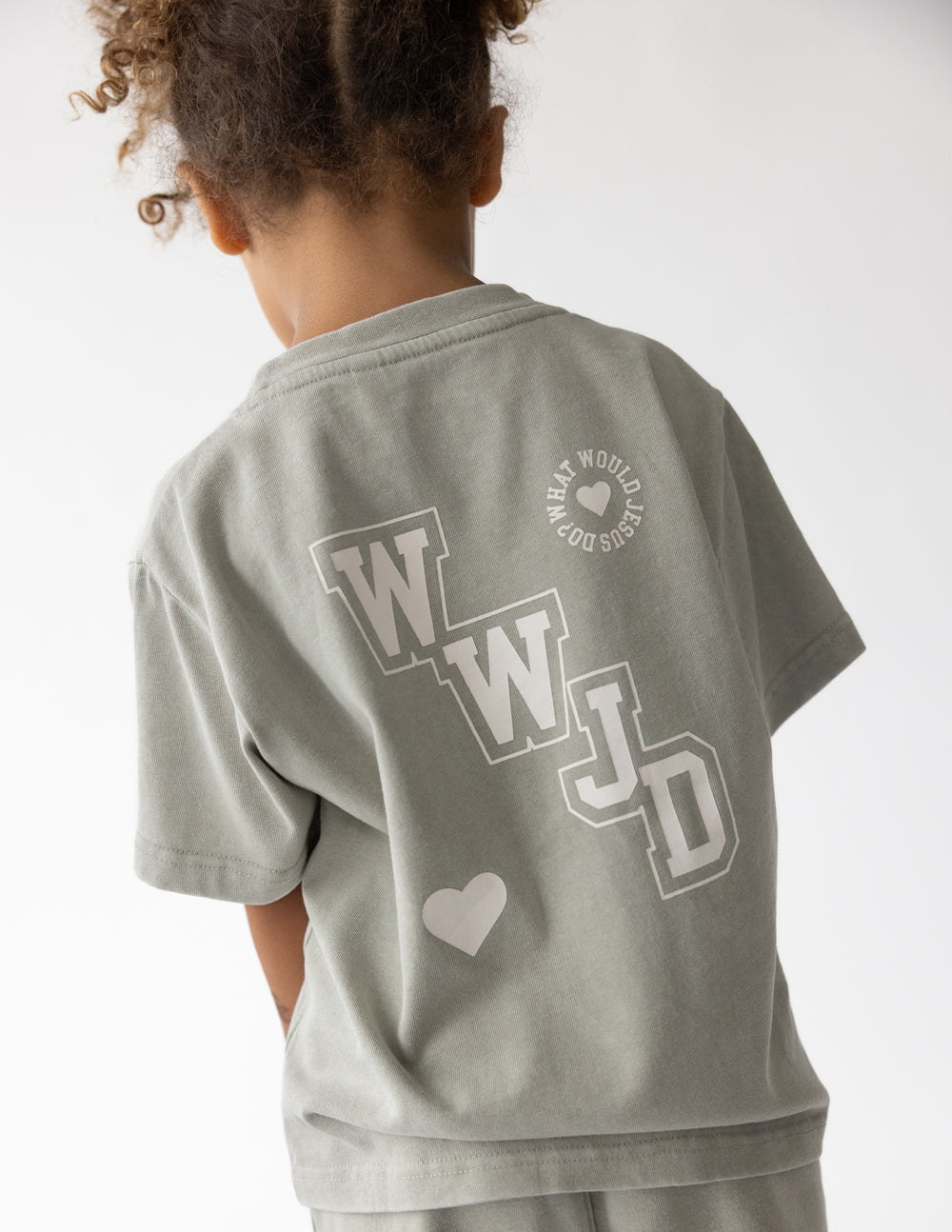 Grey and white WWJD varsity style kids tee
