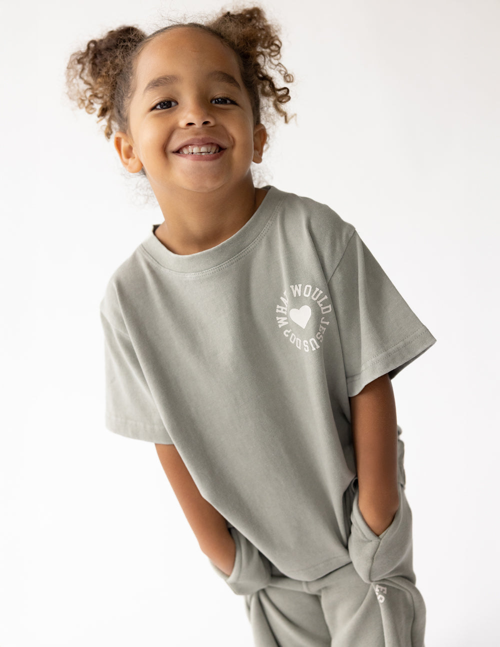 WWJD Varsity Kids Tee in Grey and White