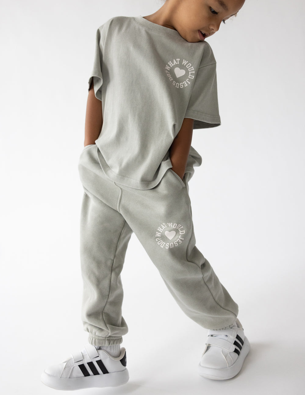 WWJD Varsity Kids Tee in Grey and White