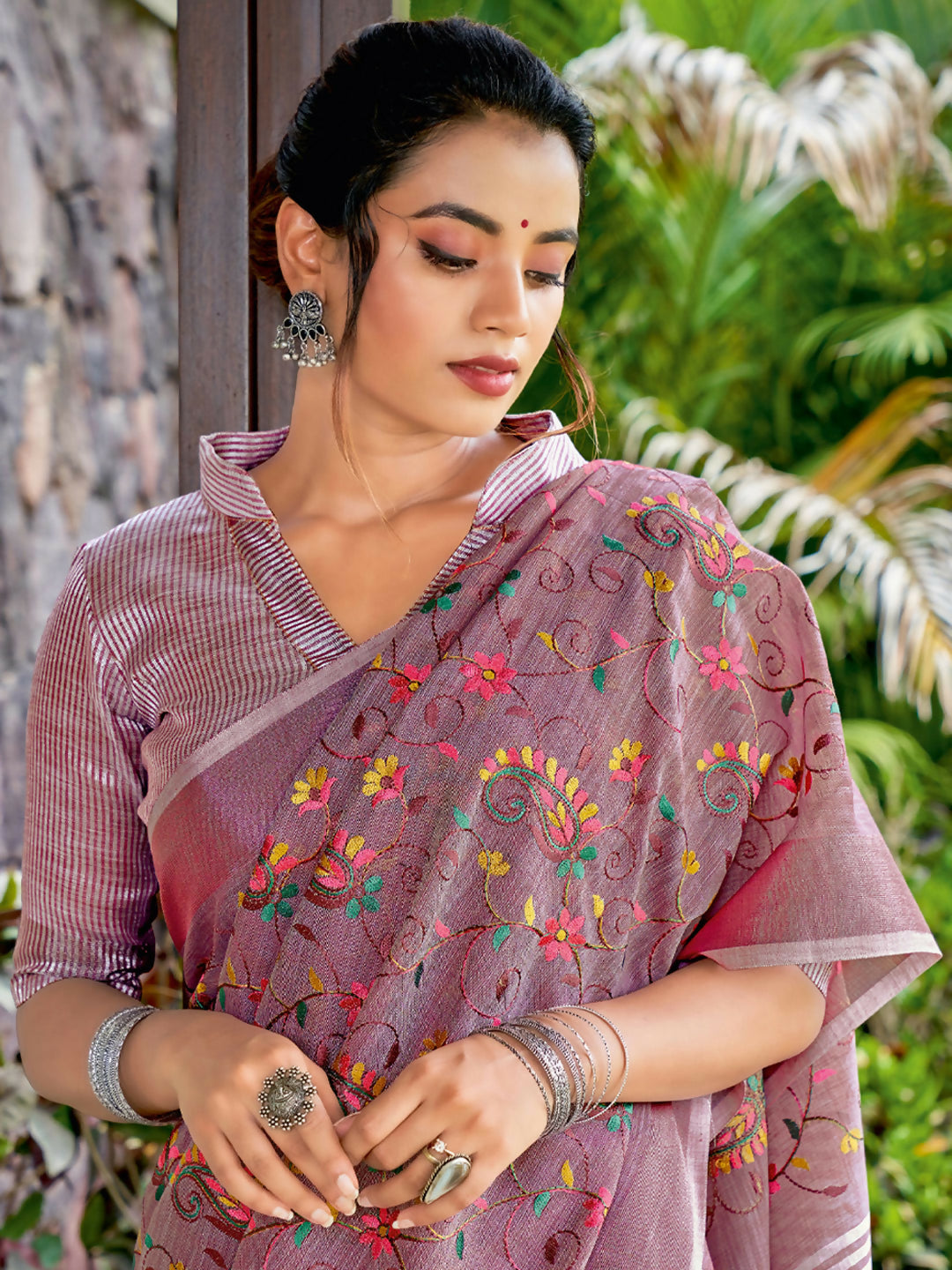 Purple Linen Saree with Matching Blouse Piece