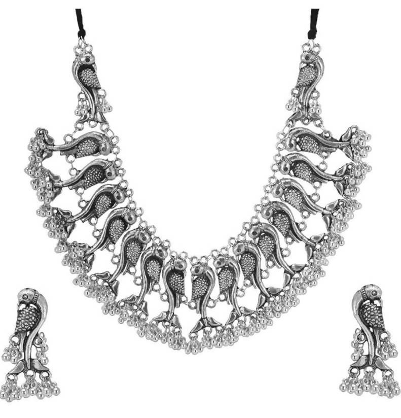 Parrot Motif Oxidised Silver Choker with Ghungru Details