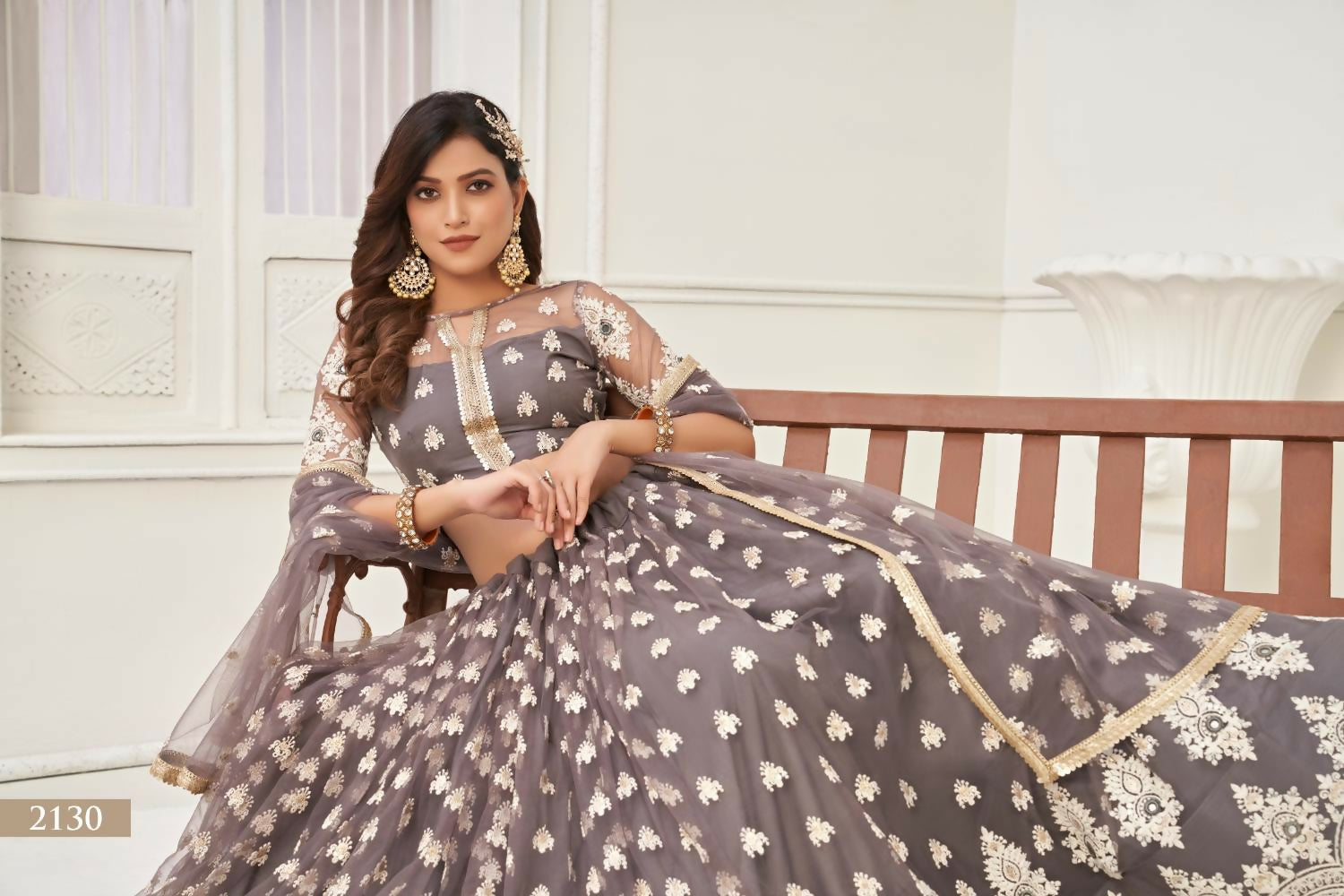 Space Gray Butterfly Net Lehenga Choli with Thread Embroidery