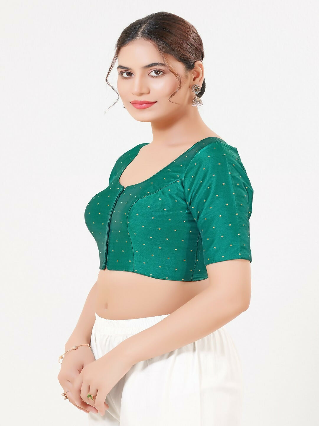 D.Rama-Green Taffeta Silk Sleeveless Front Open Round Neck Blouse