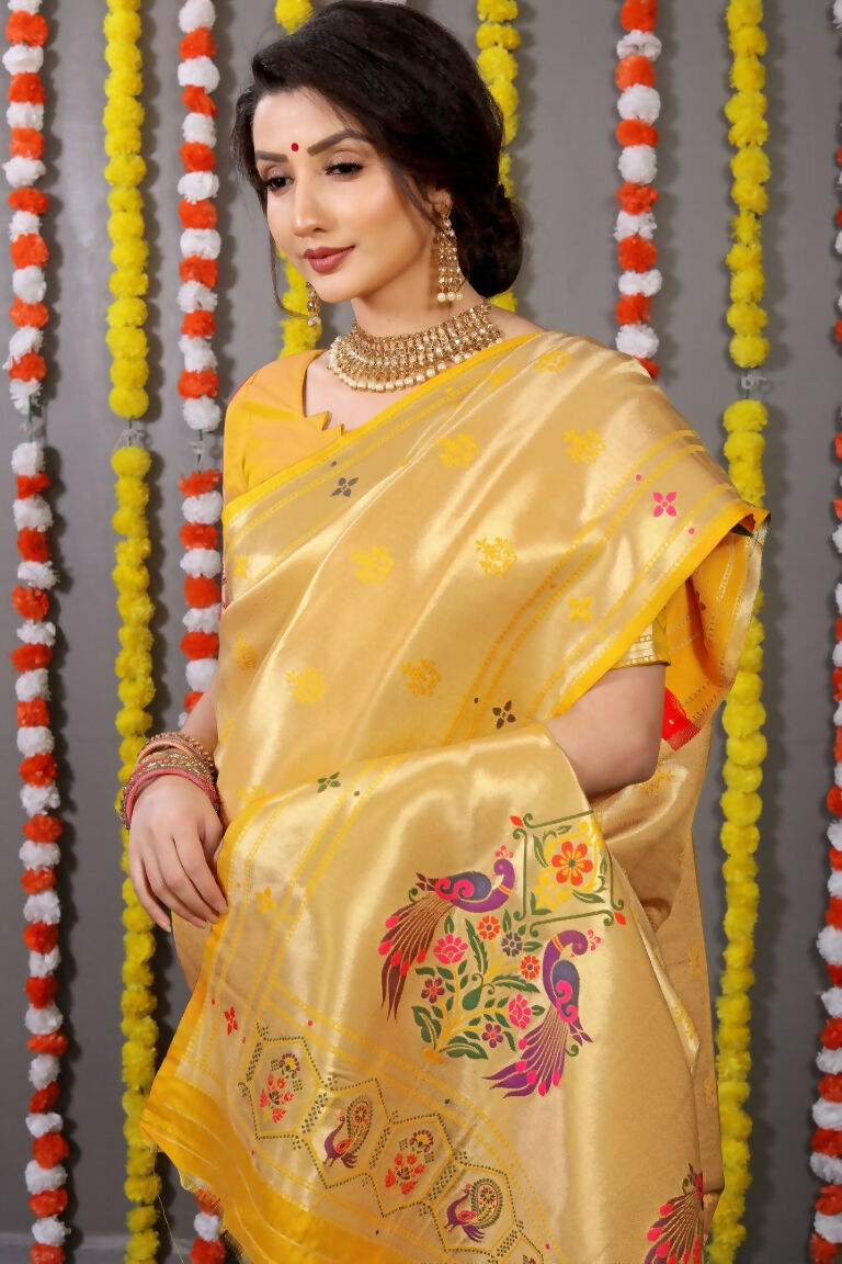 Yellow Paithani Silk Saree with Zari Woven Detail and Blouse