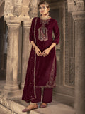 Maroon velvet straight kurta featuring floral Resham thread and Jari embroidery with matching trousers.