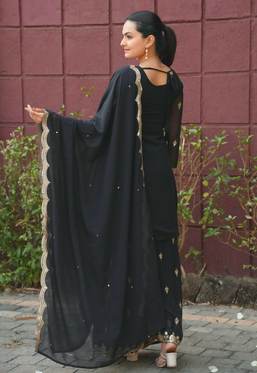 Black Georgette Embroidered Sharara Set - Sophisticated Ethnic Wear
