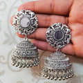 Traditional silver oxidized jhumka earrings with pearl accents