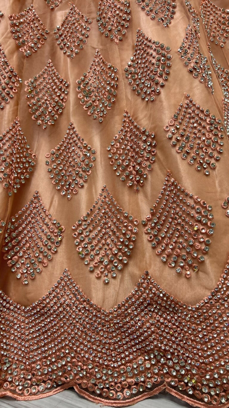 Peach Bridal Net Lehenga Choli with Zircon and Dori Work