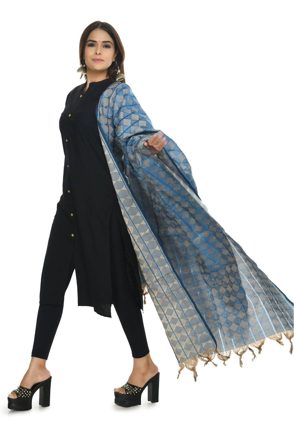 Blue Handloom Cotton Dupatta - Breathable Ethnic Shawl