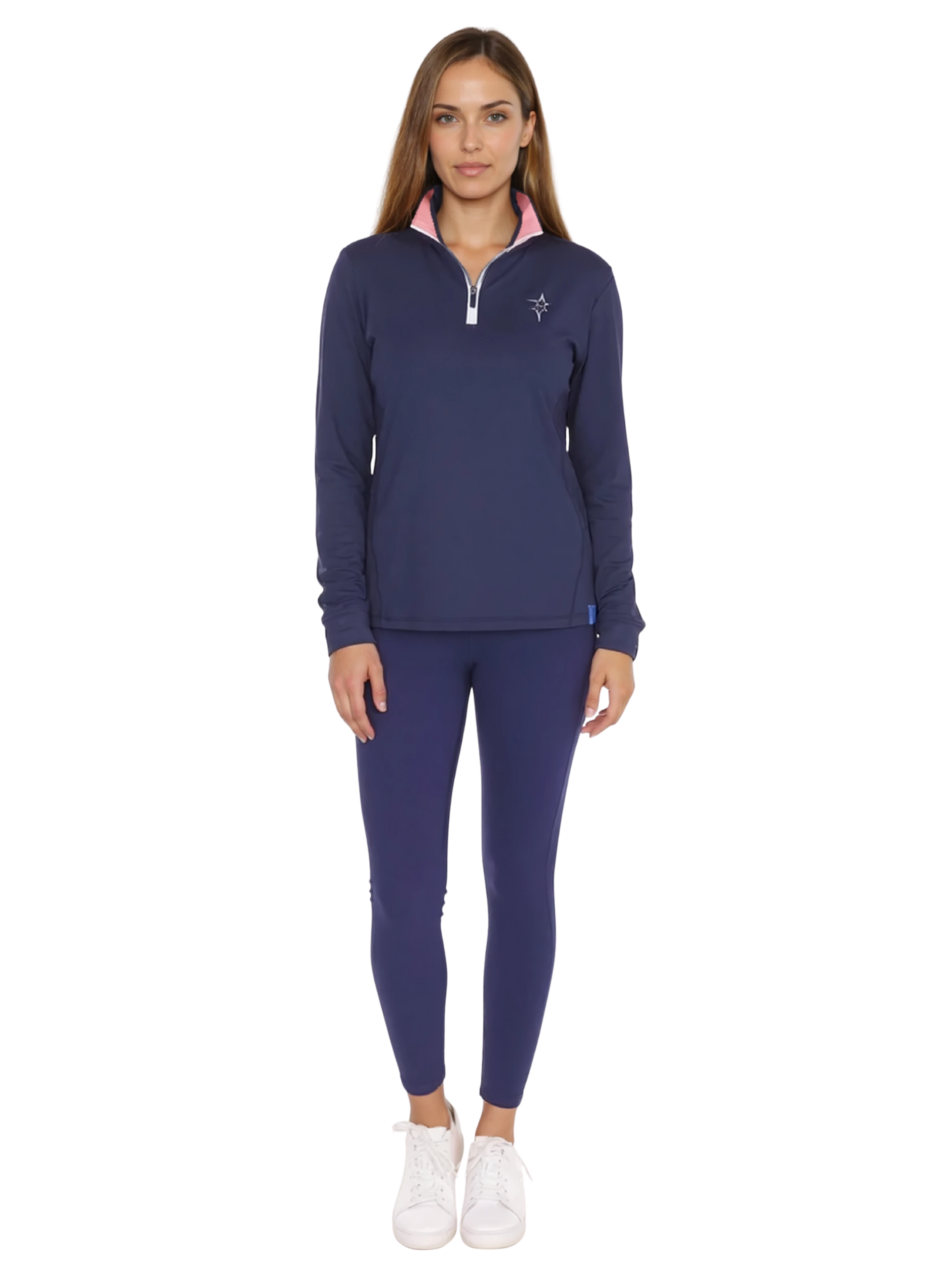 Woman wearing navy blue performance quarter zip top with pink inner collar detail