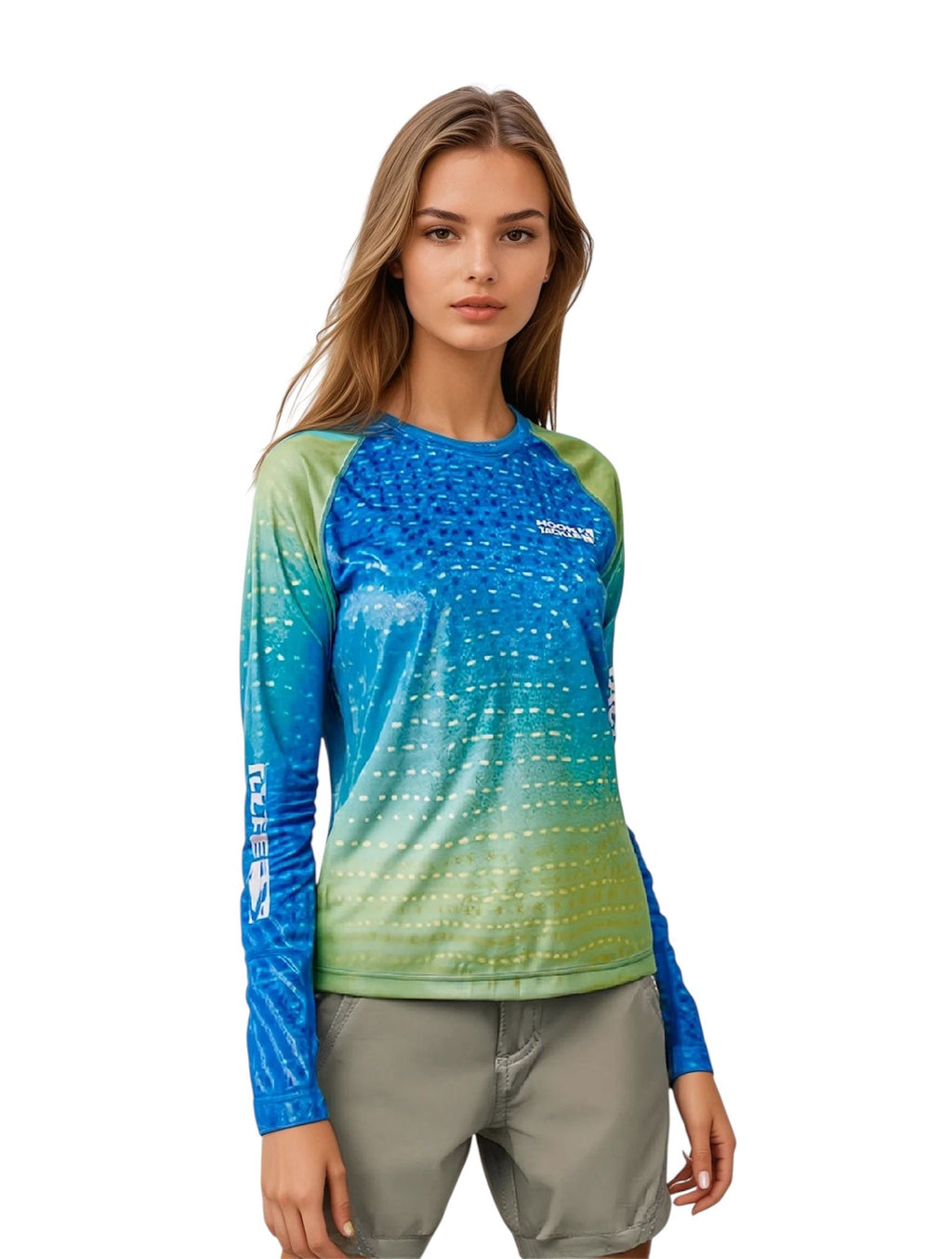 Women's Blue and Green Whale Shark Pattern UV Performance Shirt - Image 2