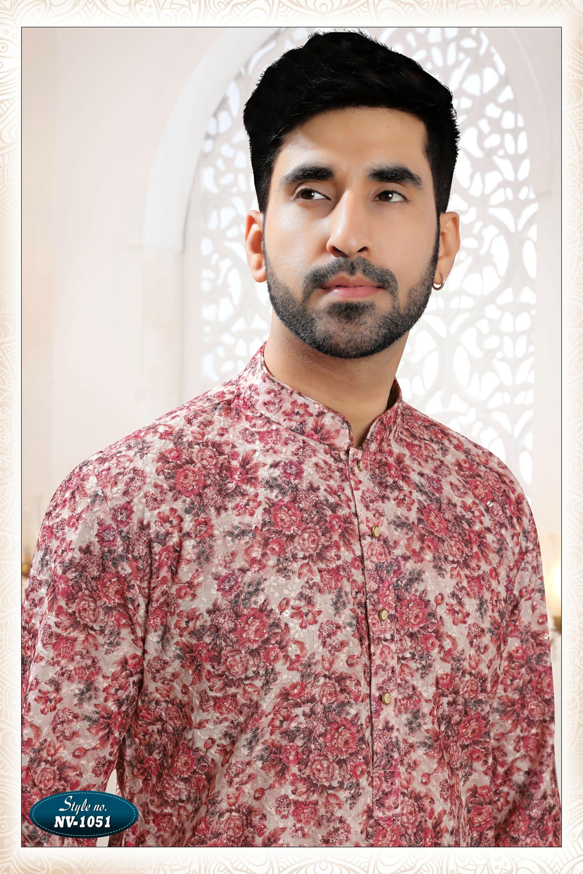 Men's Pinkish Red Straight Rayon Kurta Set with Thread Embroidery