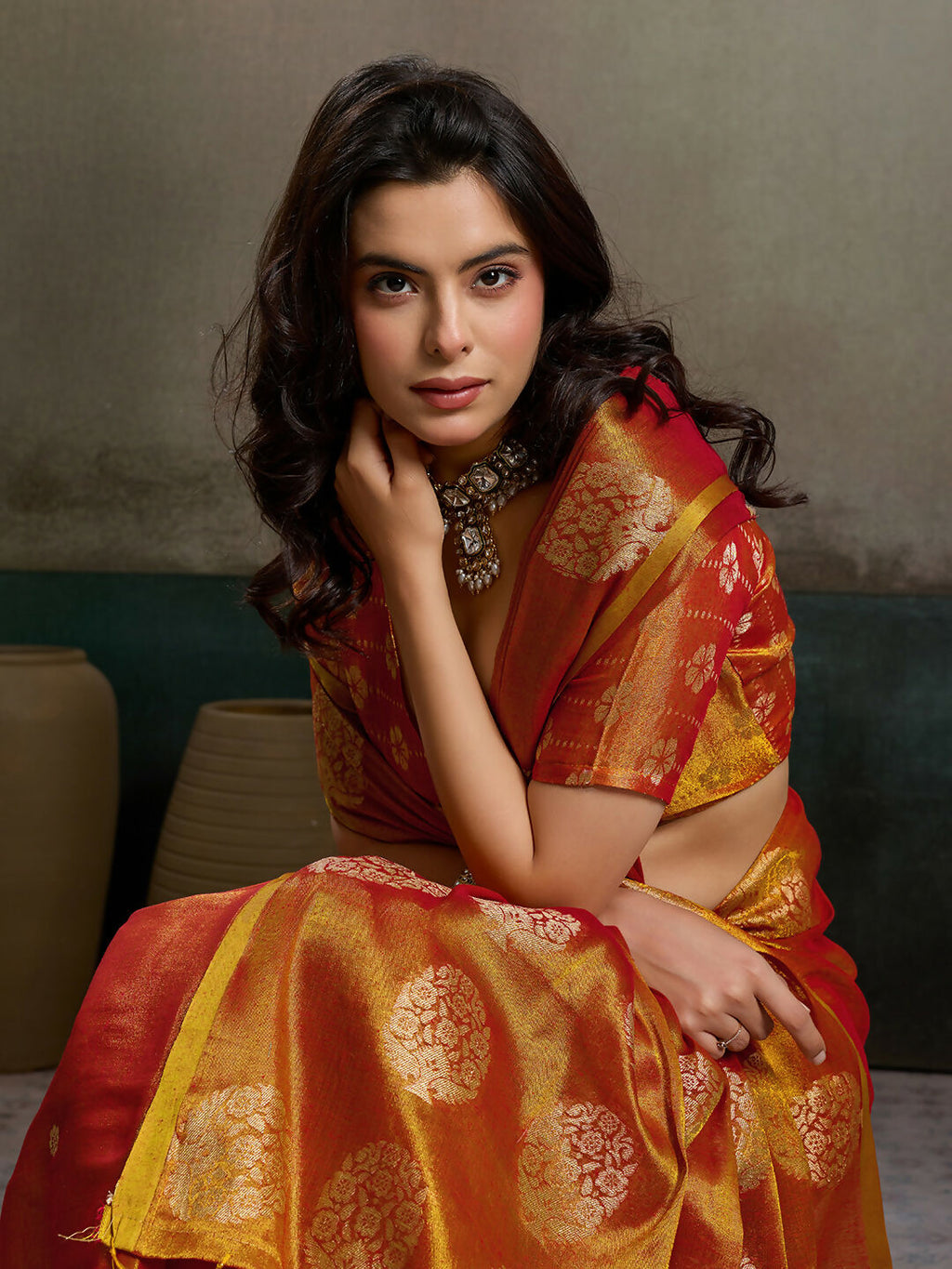 Orange Tissue Silk Saree with Matching Blouse Piece