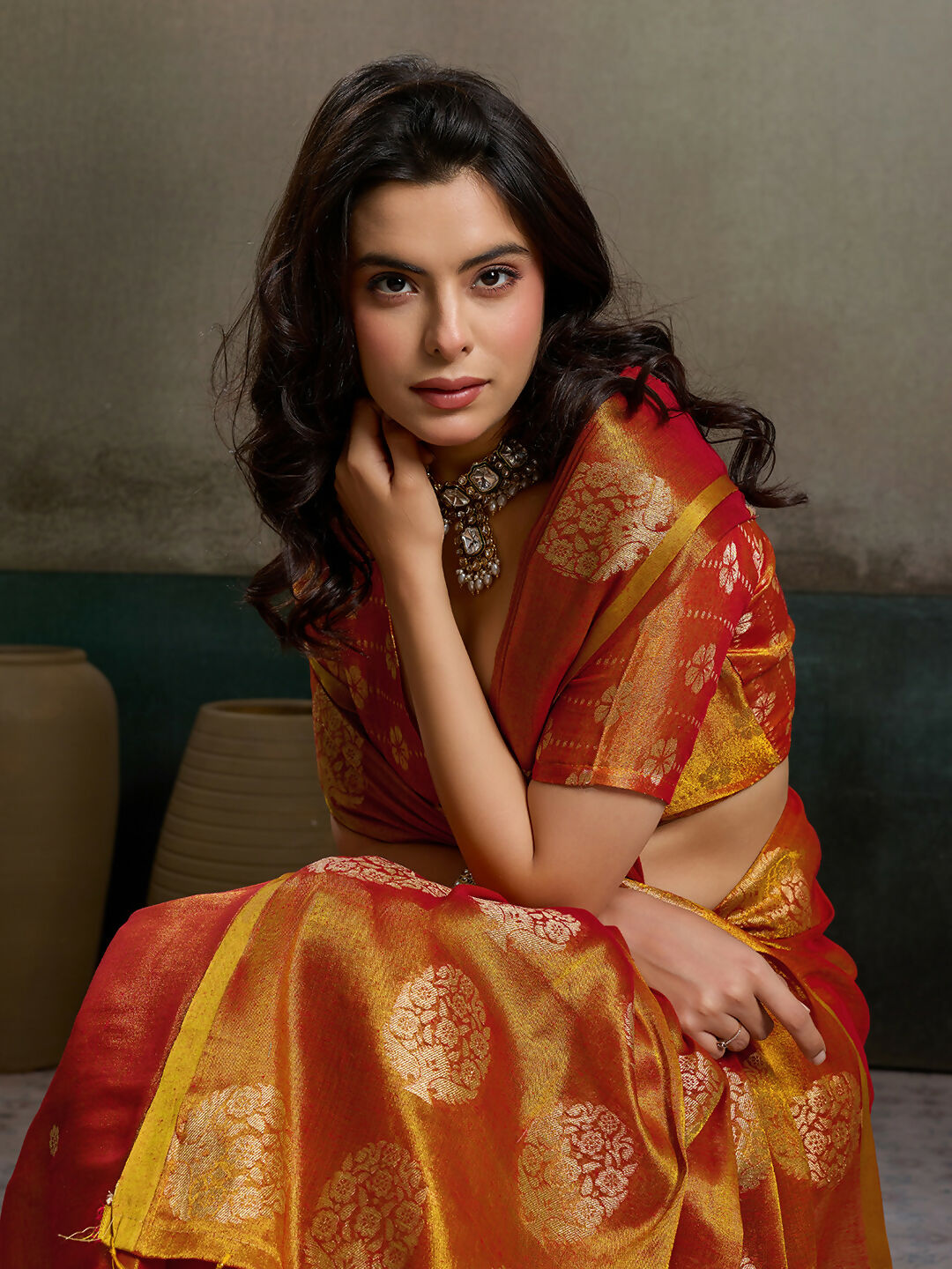 Orange Tissue Silk Saree with Matching Blouse Piece