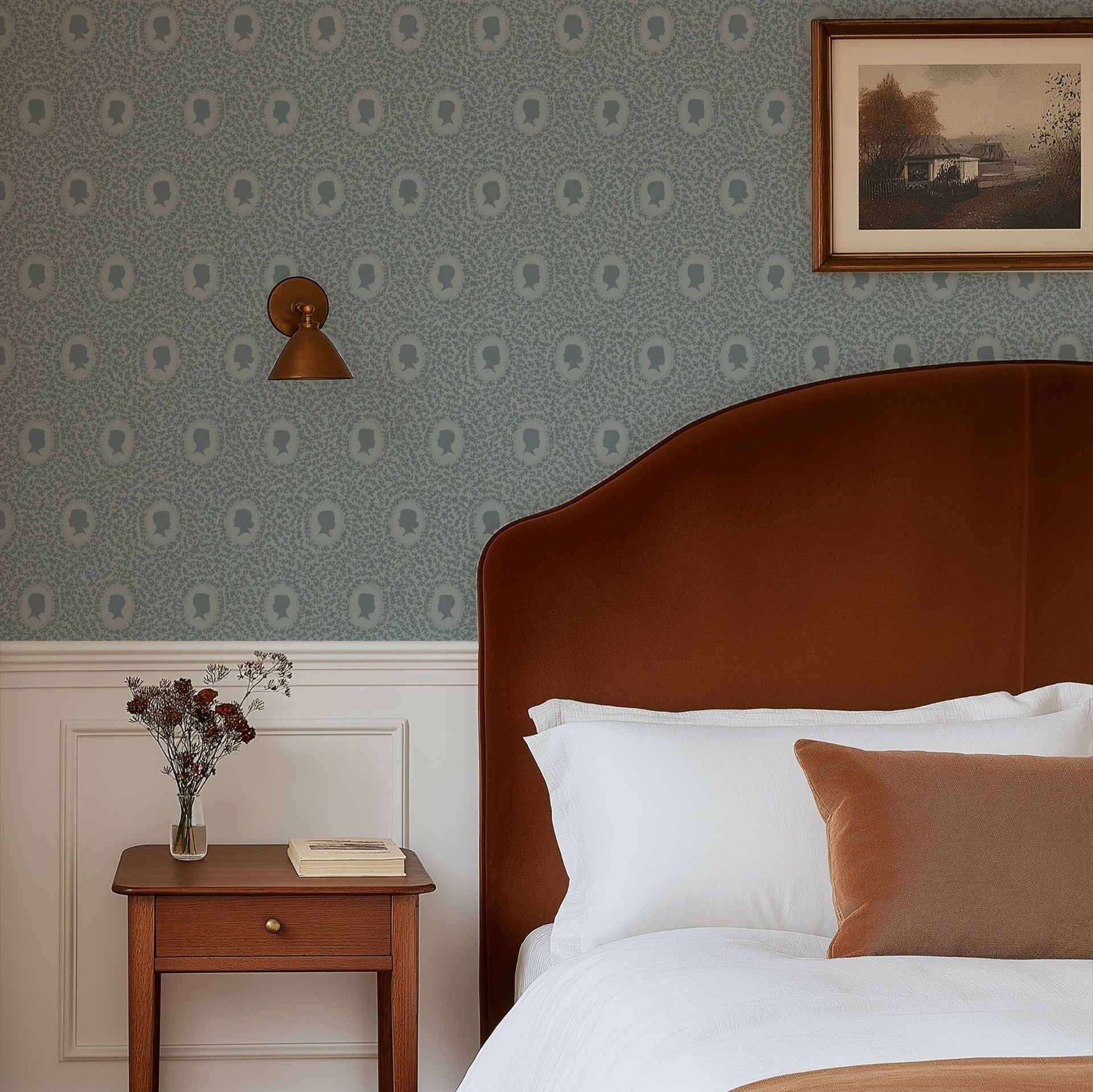 Etienne wallpaper design by Samantha Dara in blue-grey, muted-sage, and dusty-rose for traditional neoclassical interiors.