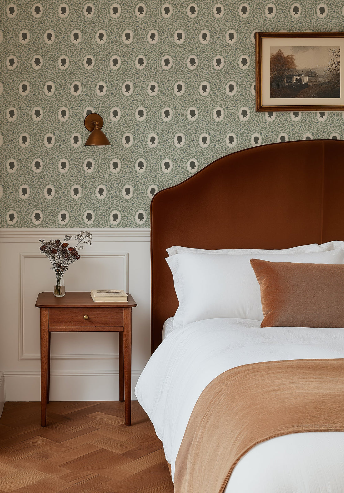 Etienne Wallpaper in Blue-Grey Muted-Sage and Dusty-Rose